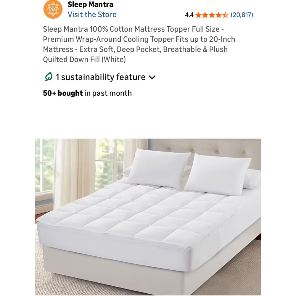 Sleep Mantra King Cotton Mattress Topper Cooling Quilted Down‎ Alternative White